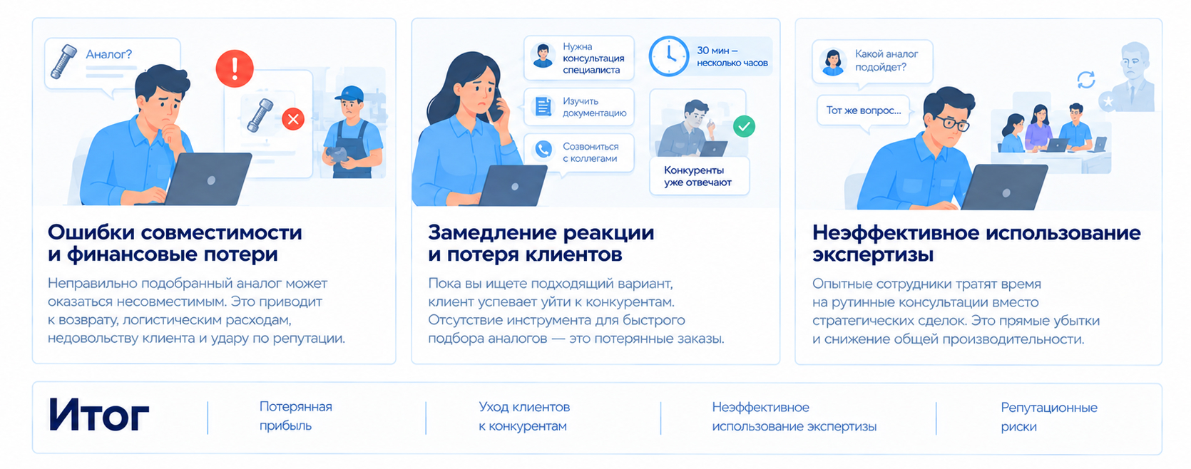 Цена ручного подбора аналогов: ошибки совместимости, упущенные сделки, потеря клиентов и неэффективное использование экспертизы сотрудников.