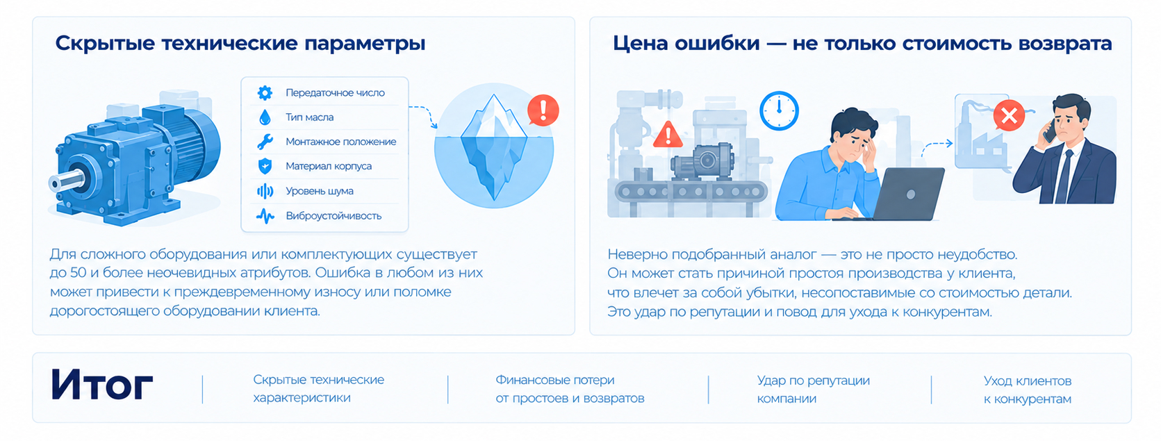 Почему поверхностный подбор аналогов приводит к убыткам: скрытые технические параметры, ошибки совместимости и финансовые и репутационные риски.