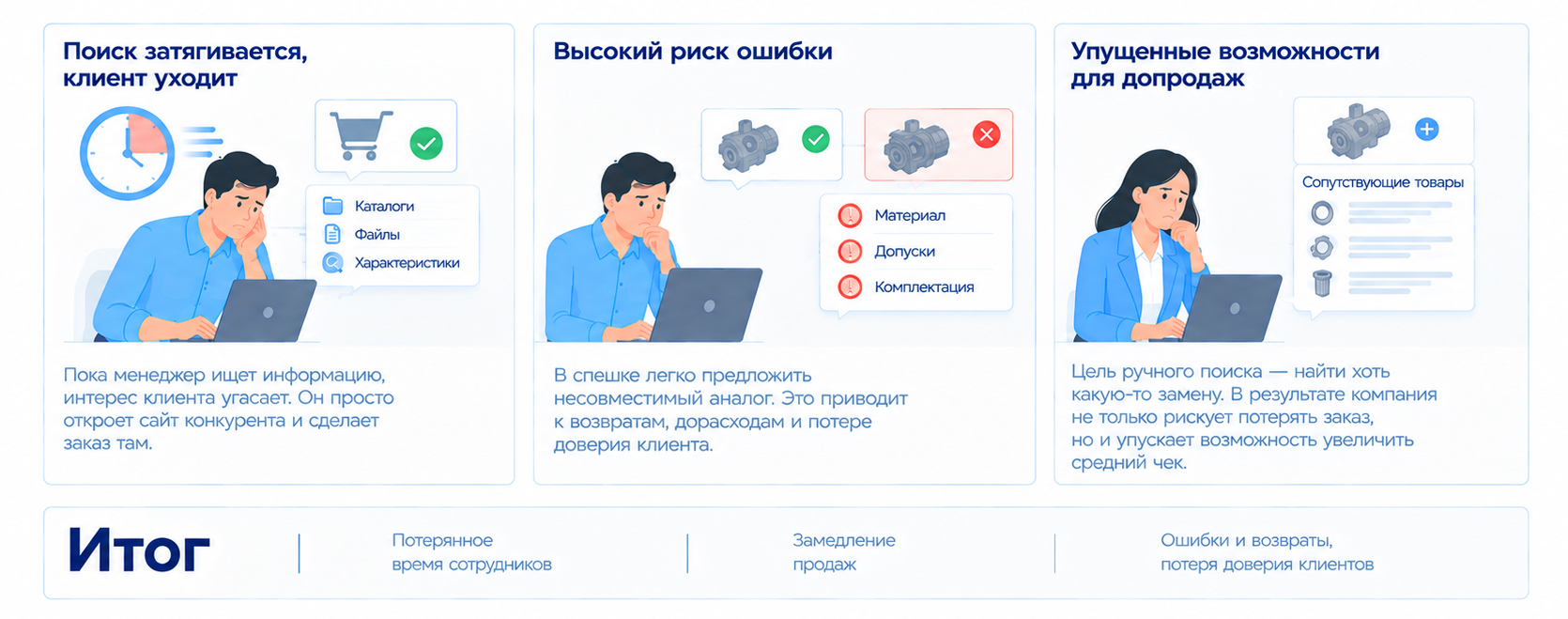 Ручной поиск товаров приводит к замедлению продаж, риску ошибок и упущенным возможностям для допродаж.