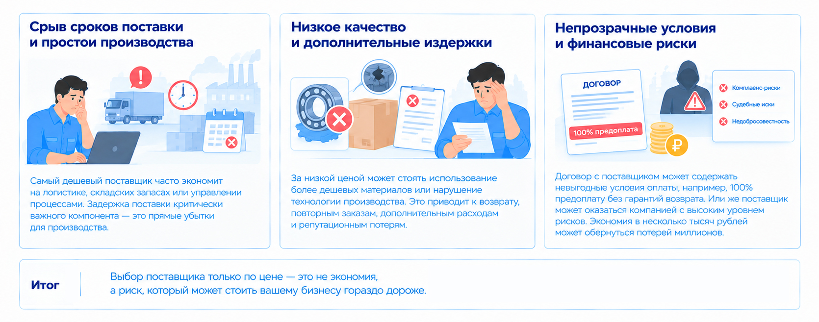 Риски выбора поставщика только по минимальной цене: срыв сроков поставки и простои производства, низкое качество и дополнительные расходы, непрозрачные условия договора и финансовые риски.
