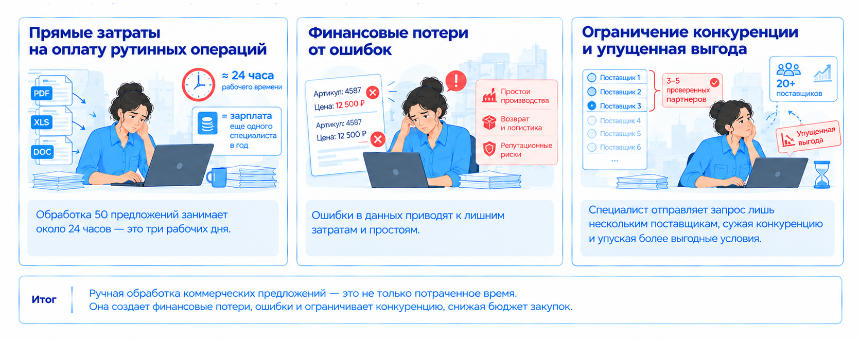 Три системные проблемы ручного сведения коммерческих предложений: затраты 24 часов на обработку 50 предложений, финансовые потери из-за ошибок в данных, приводящих к неверным заказам, простоям, возвратам и дополнительной логистике.