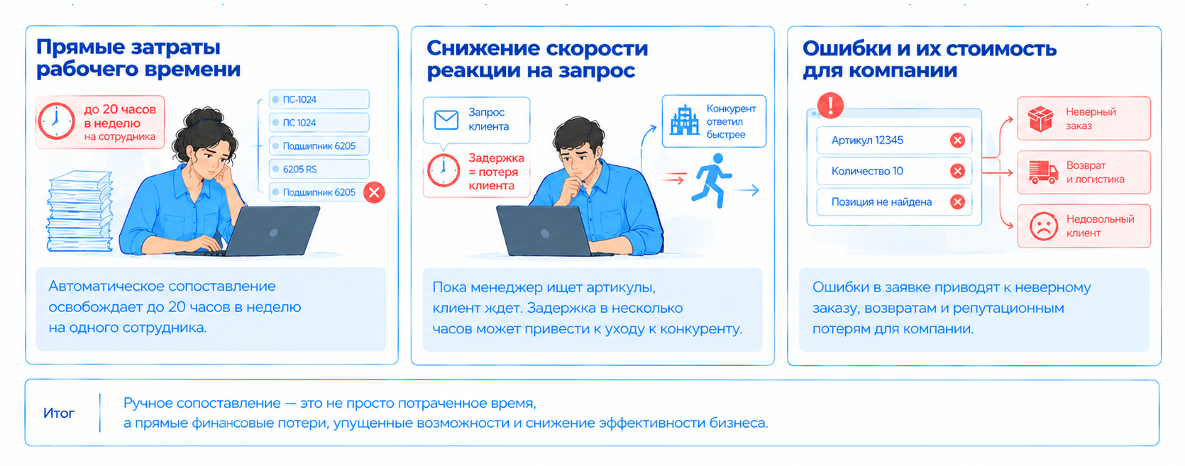 Последствия ручной сверки клиентских запросов с каталогом: до 20 часов рабочего времени в неделю на одного сотрудника, снижение скорости ответа клиентам с риском потери сделки и ошибки в артикулах, количестве или позициях.