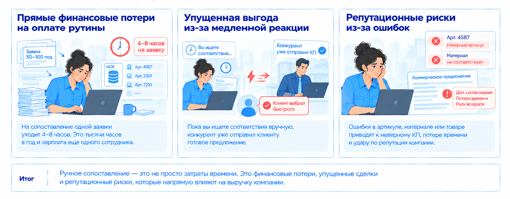 Три угрозы ручного сопоставления заявок: затратах на рутину, упущенной выгоде и репутационных рисках из-за ошибок.