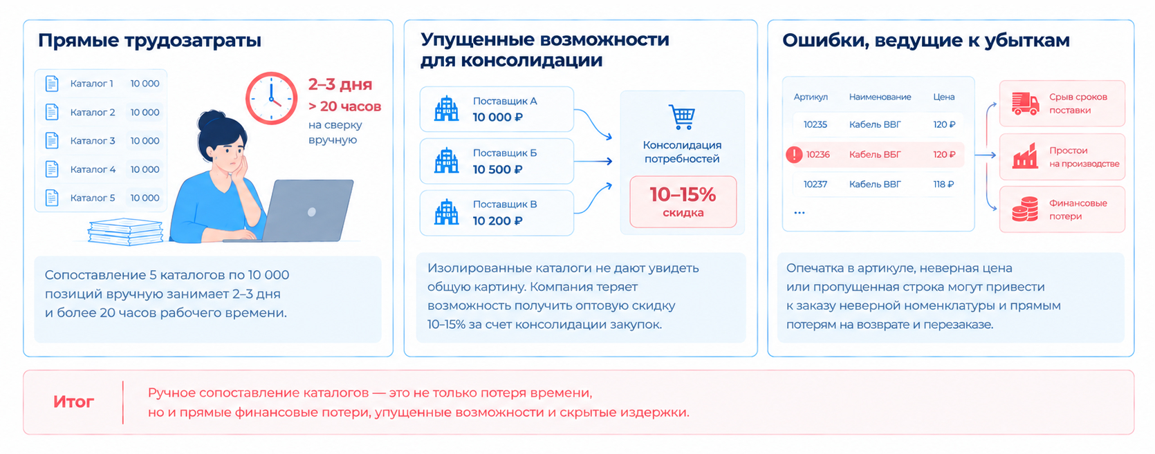 Ручное сопоставление каталогов приводит к трудозатратам, потере скидок 10–15% и ошибкам, вызывающим финансовые потери.