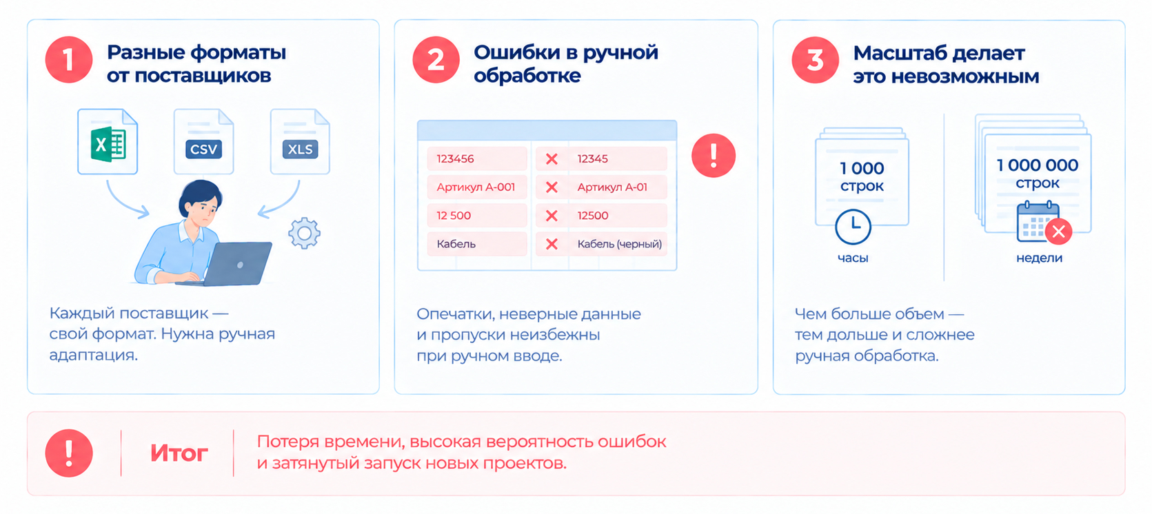 Ручная подготовка больших справочников приводит к постоянной адаптации файлов, ошибкам и неделям обработки при масштабировании данных.