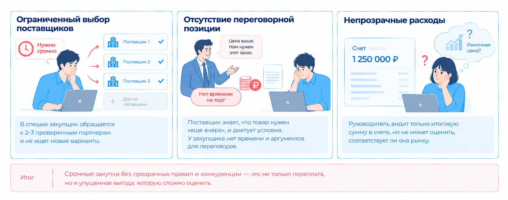 Оперативные закупки сужают выбор поставщиков, ослабляют переговорную позицию и скрывают переплаты из-за непрозрачных расходов.