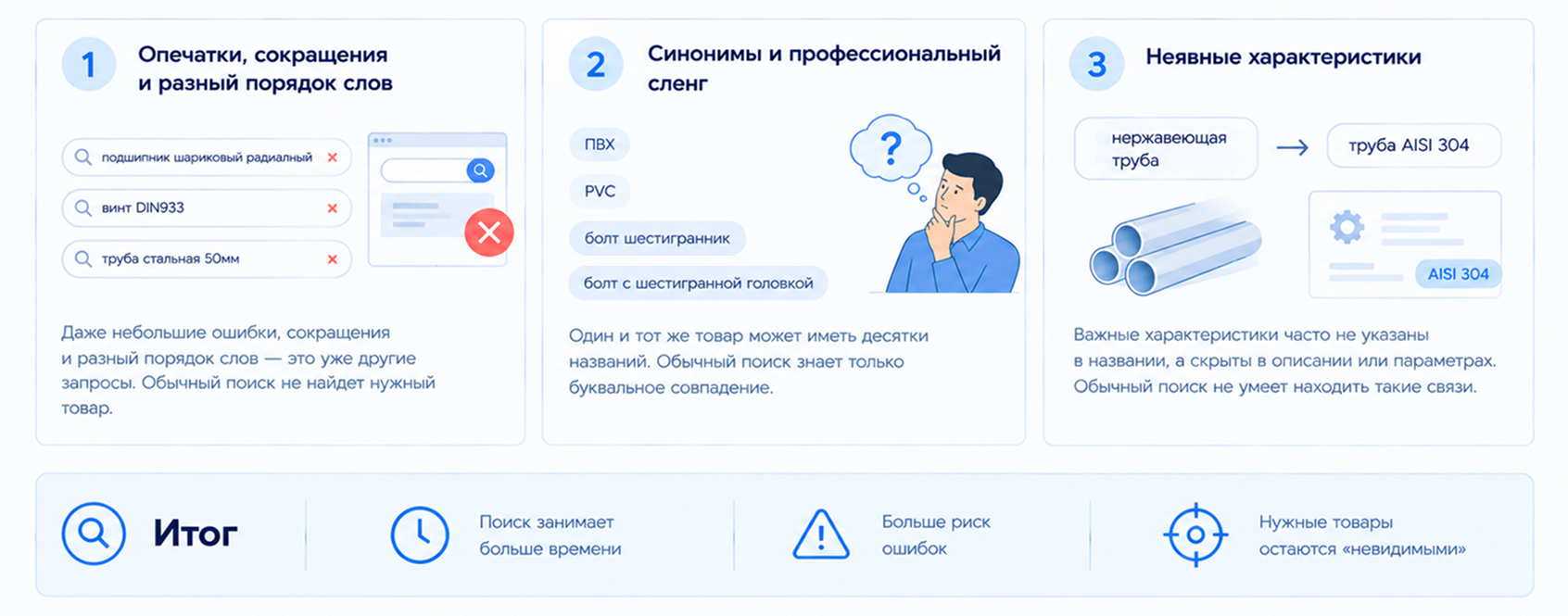 Почему стандартный поиск не справляется с запросами клиентов: опечатки, сокращения, синонимы и неявные характеристики товаров.
